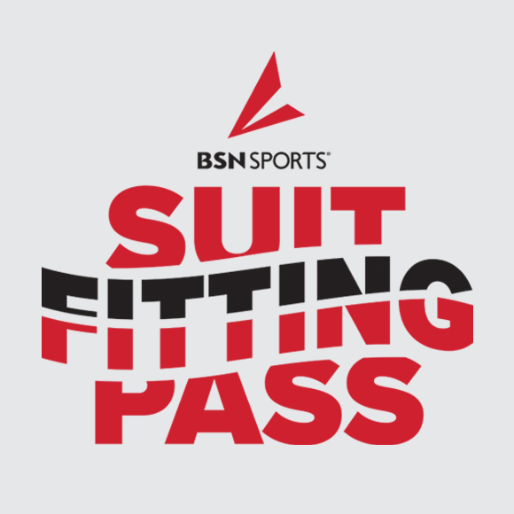 BSN SPORTS swimming and diving suit fitting pass logo in red and black with a gray background