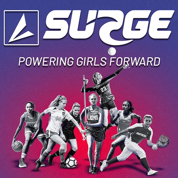 Girl athletes across different sports like volleyball, basketball, soccer, and track featured with the BSN SPORTS SURGE logo and Powering Girls Forward tagline